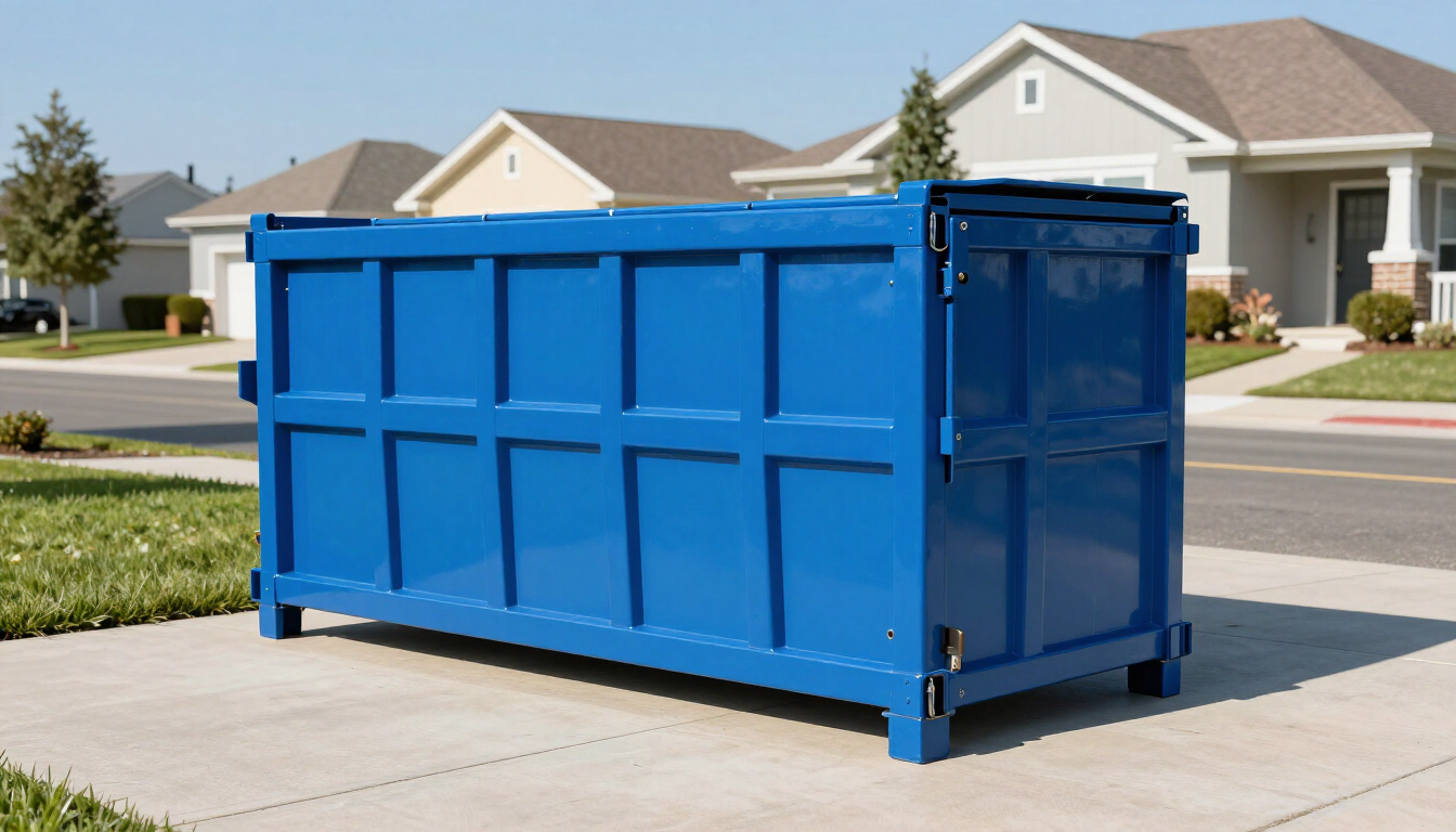 A professional blue rolloff dumpster