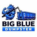 Blue muscular mascot with a dump truck above the text &ldquo;BIG BLUE DUMPSTER&rdquo;
