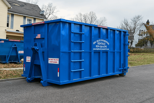 Blue construction dumpster on a roadside near houses, with a ladder on the side.