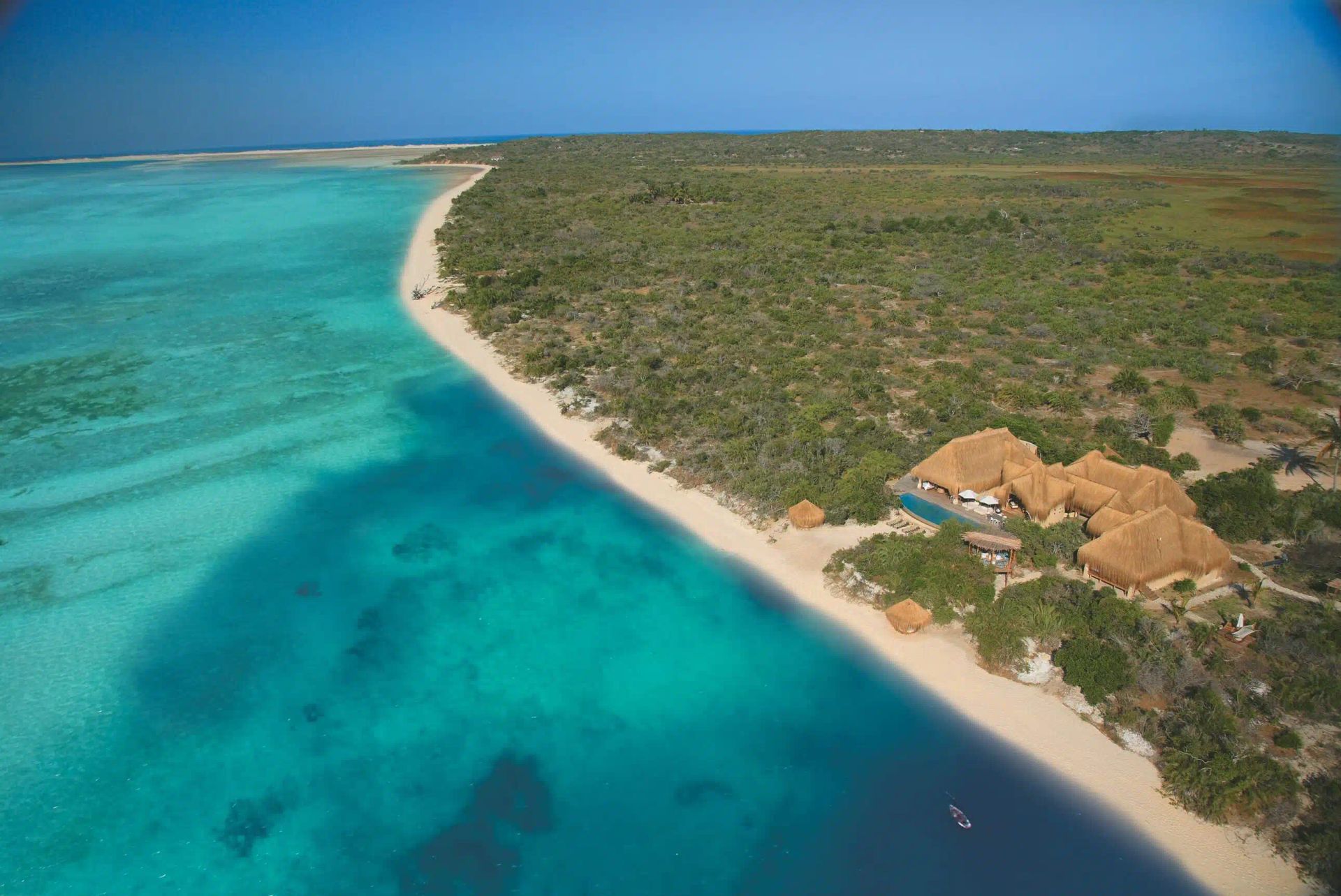 Aerial view of a thatched-roof resort nestled between a dense green forest and a turquoise ocean with a sandy beach.