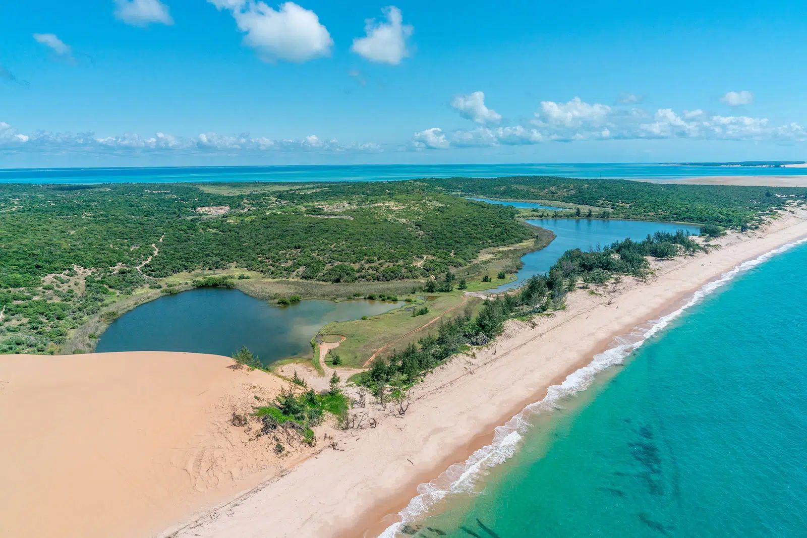 Aerial view of a tropical coastline with turquoise water, sandy beach, and mangrove wetlands.