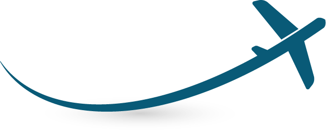 Blue airplane silhouette with a sweeping curved trail