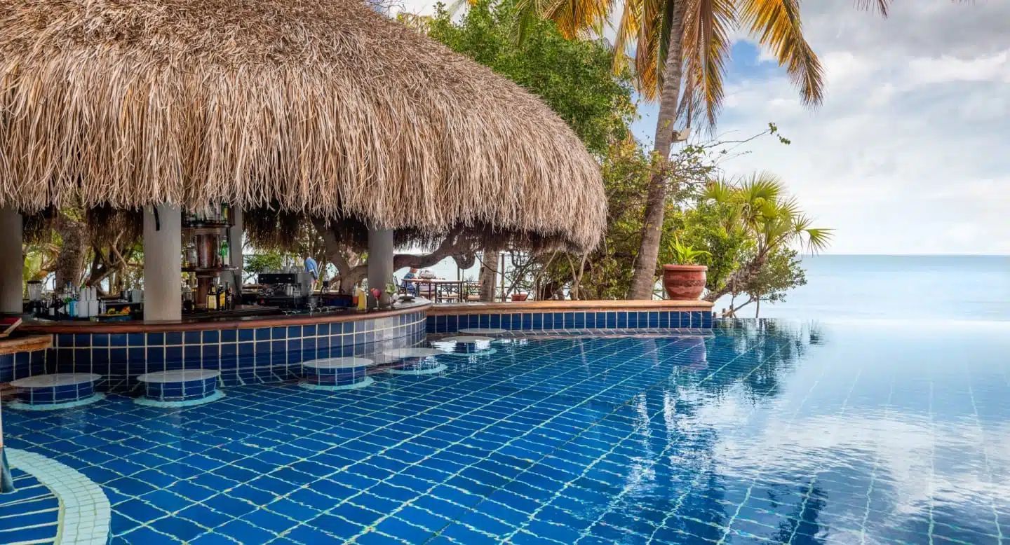 Tropical infinity pool with blue tiles beside a thatched bar, overlooking the ocean at sunset