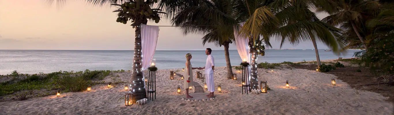 String-lit beach setup under palm trees at dusk, with lanterns and chairs on sand by the water.