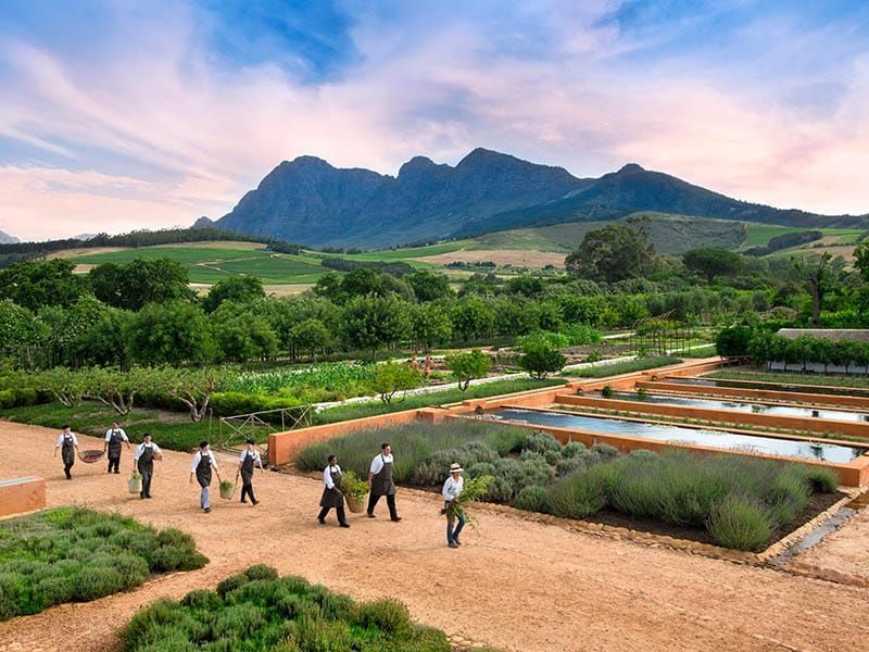 People walking along a garden path with mountains in the background at sunset