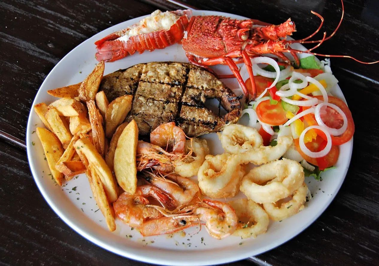 Seafood platter with lobster, shrimp, fries, steak, calamari, and salad on a white plate