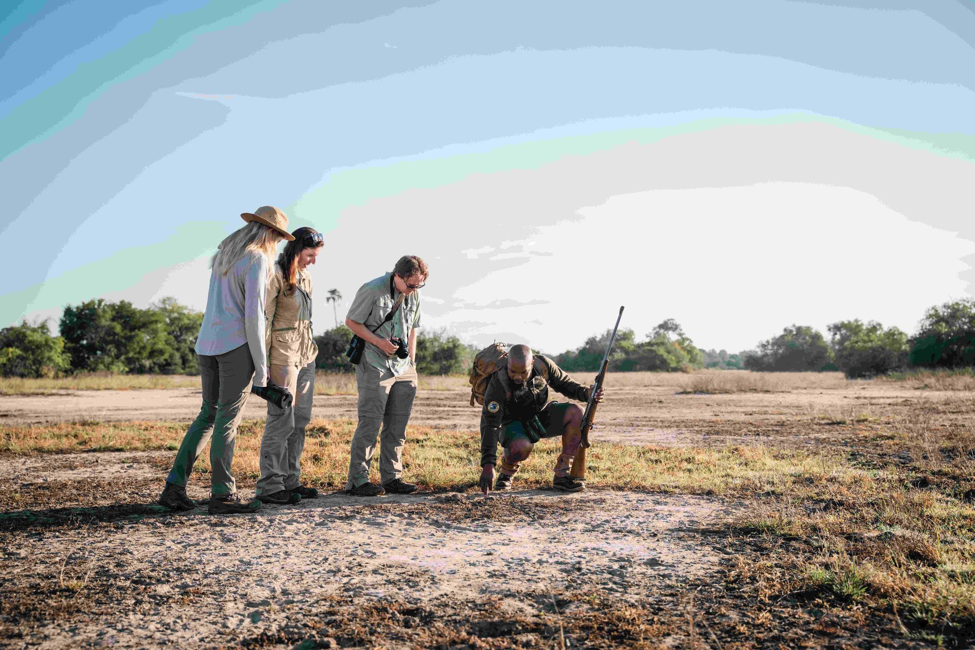Four people in a field examining the ground under a bright blue sky