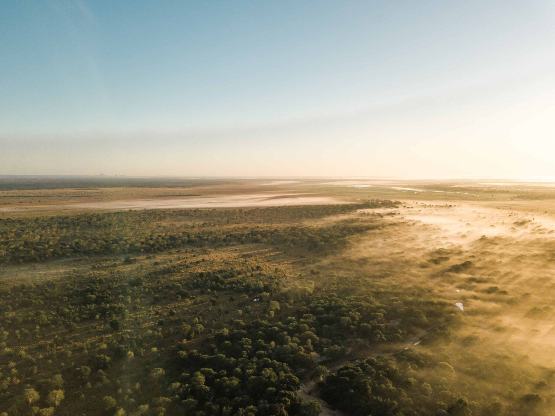 Wide aerial view of a sunlit grassy plain under a clear sky