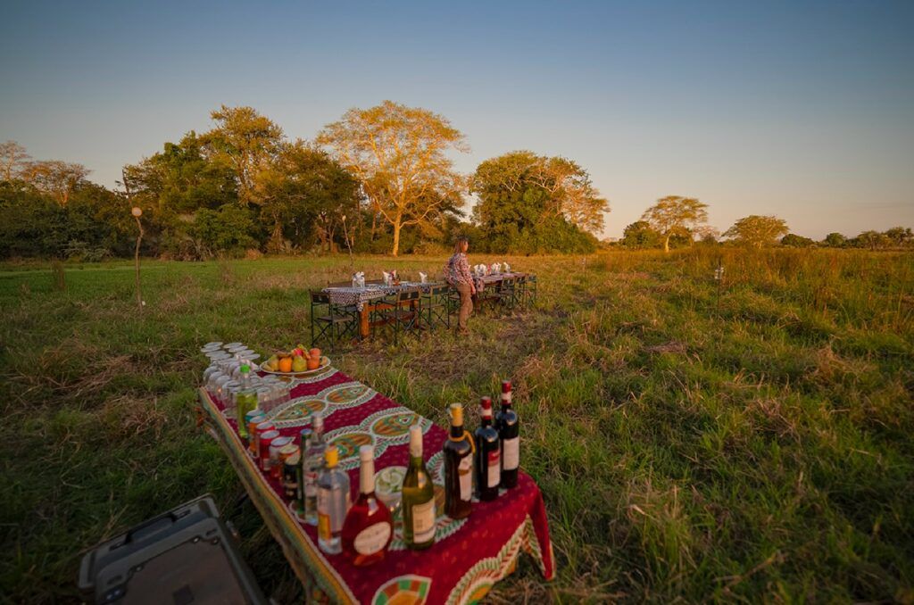 Picnic setup in a grassy field at sunset, with a decorated table and people in the distance