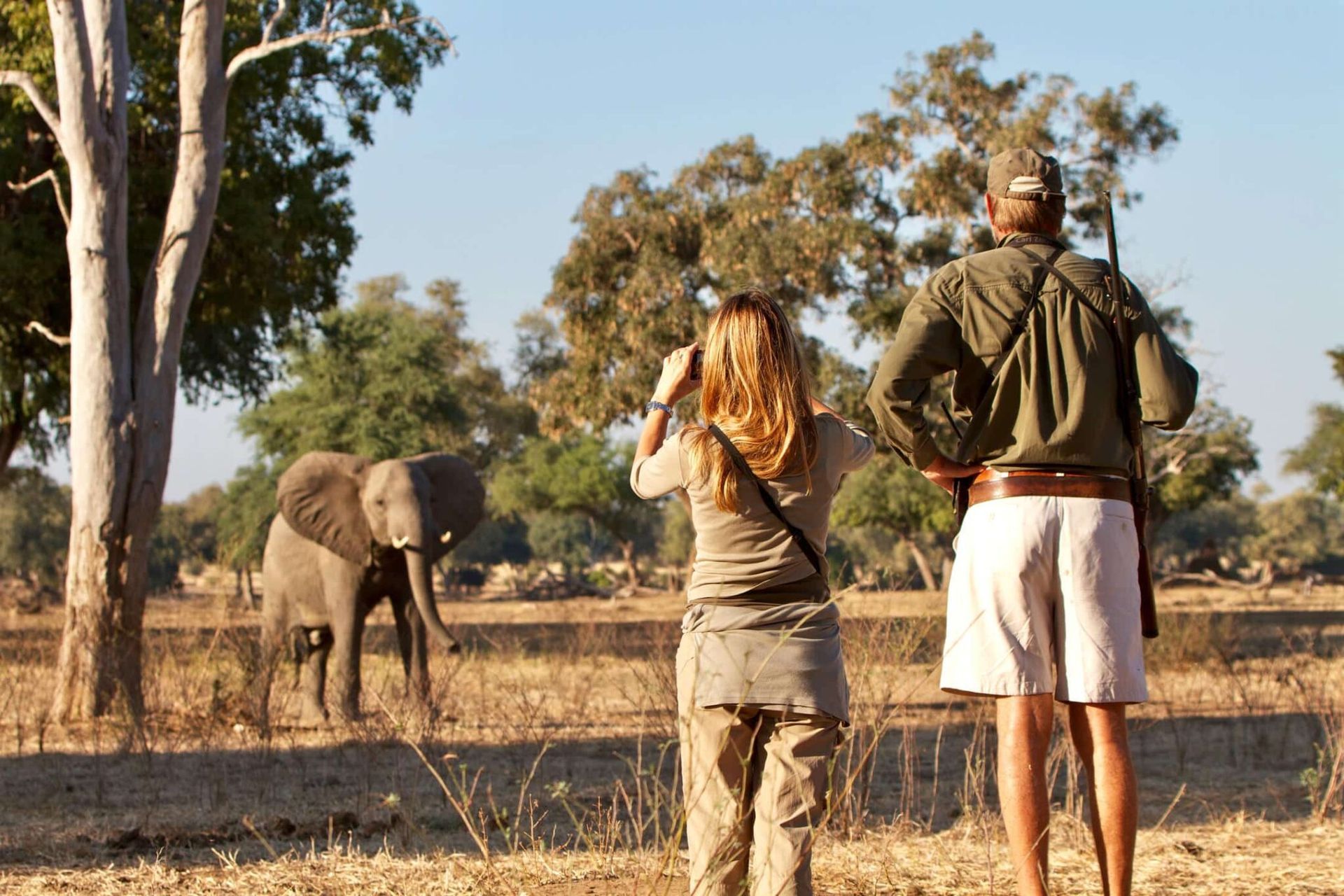 Two people watch an elephant in a dry savanna with trees and tall grass.