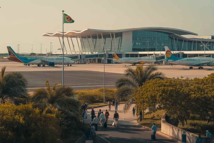 Airport terminal with planes parked outside, an Israeli flag, and people walking along a path in front