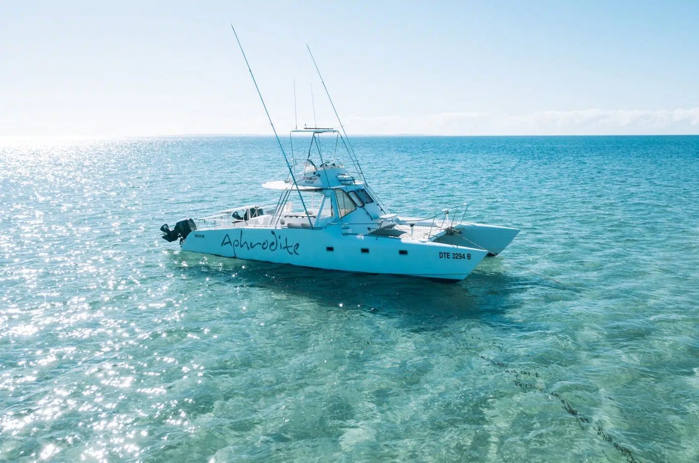 A white catamaran boat with fishing gear docked on clear, shallow turquoise water under a bright blue sky.