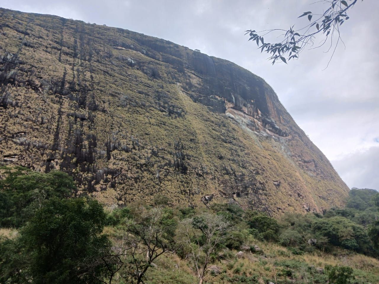 Steep rocky hillside covered with sparse green vegetation under a cloudy sky