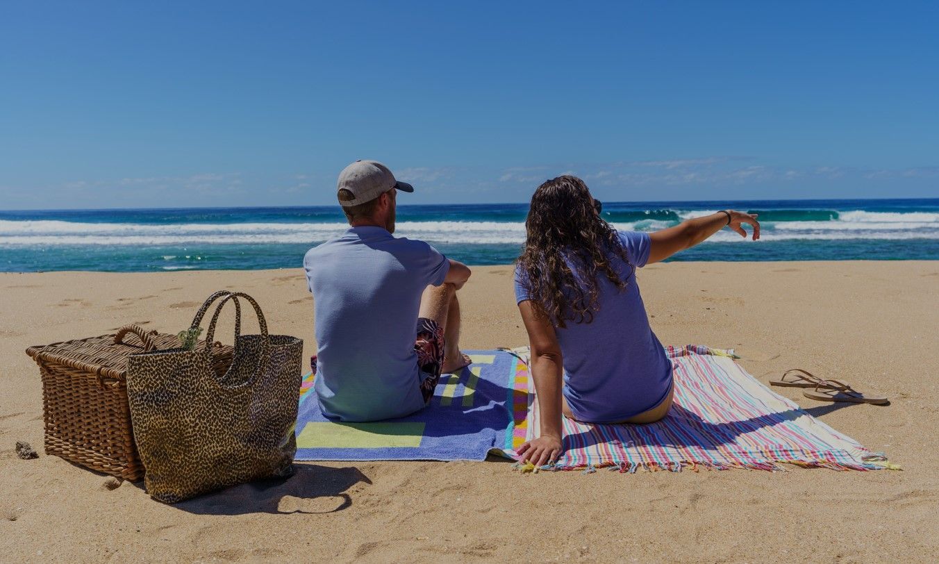 Two people sitting on beach blankets facing the ocean, with a woven bag beside them.