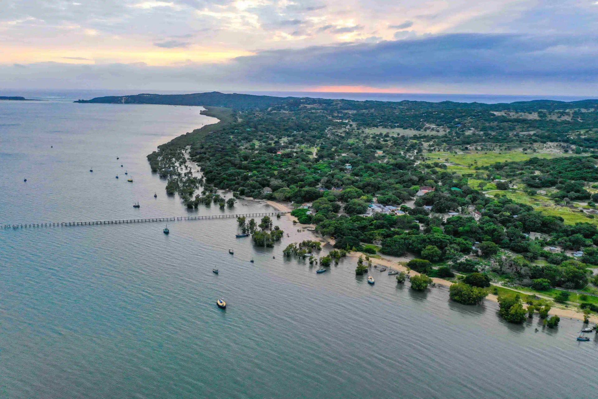 Aerial view of a coastal village with green shoreline, boats, and calm water at sunset