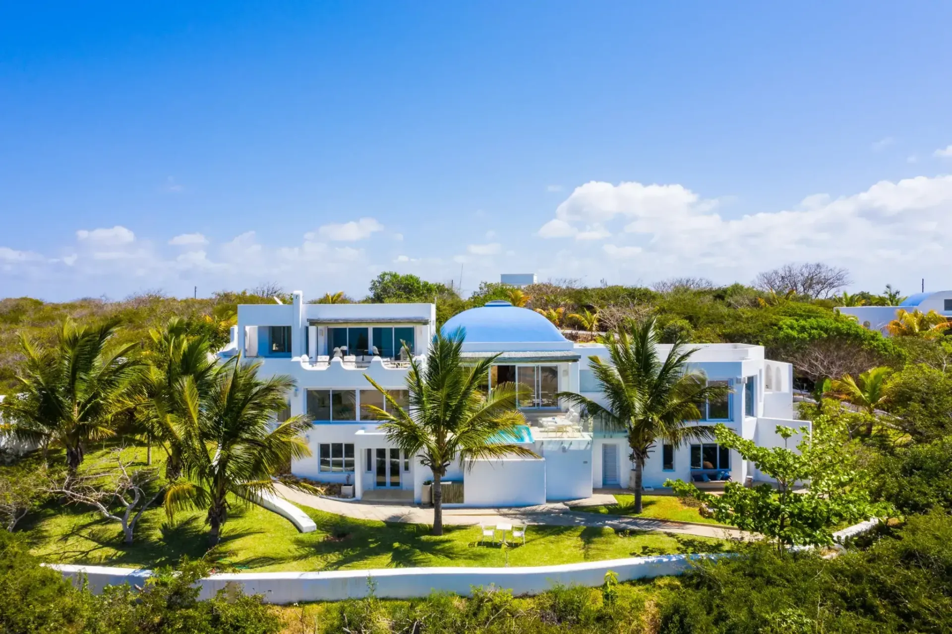 A white modern villa with a blue domed roof, surrounded by lush green palm trees under a clear blue sky.