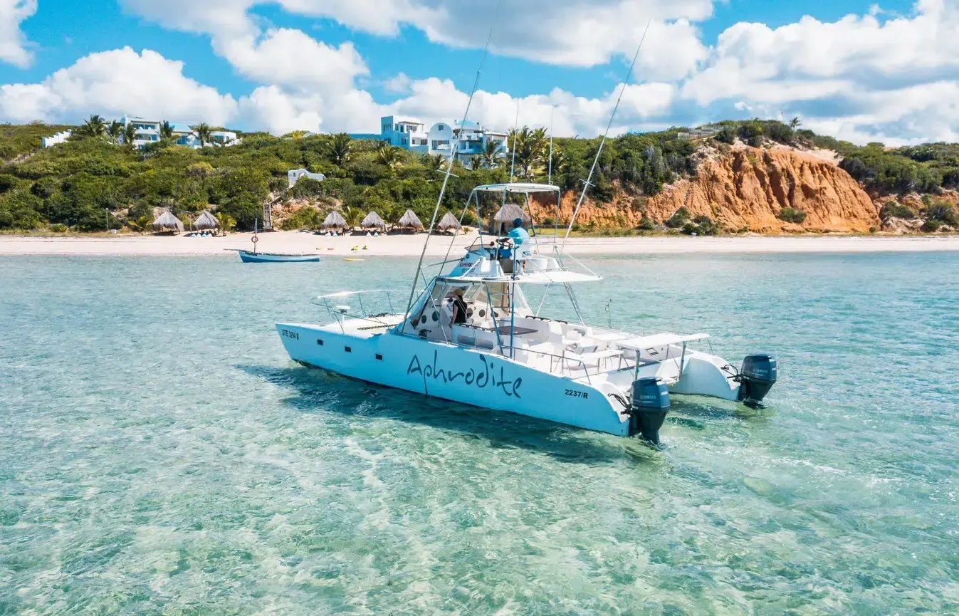 Blue fishing boat on clear turquoise water near a tropical shoreline and cliffs