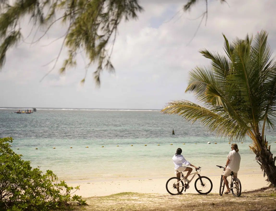 Two cyclists on a tropical beach by calm turquoise water, with palm trees in the foreground.