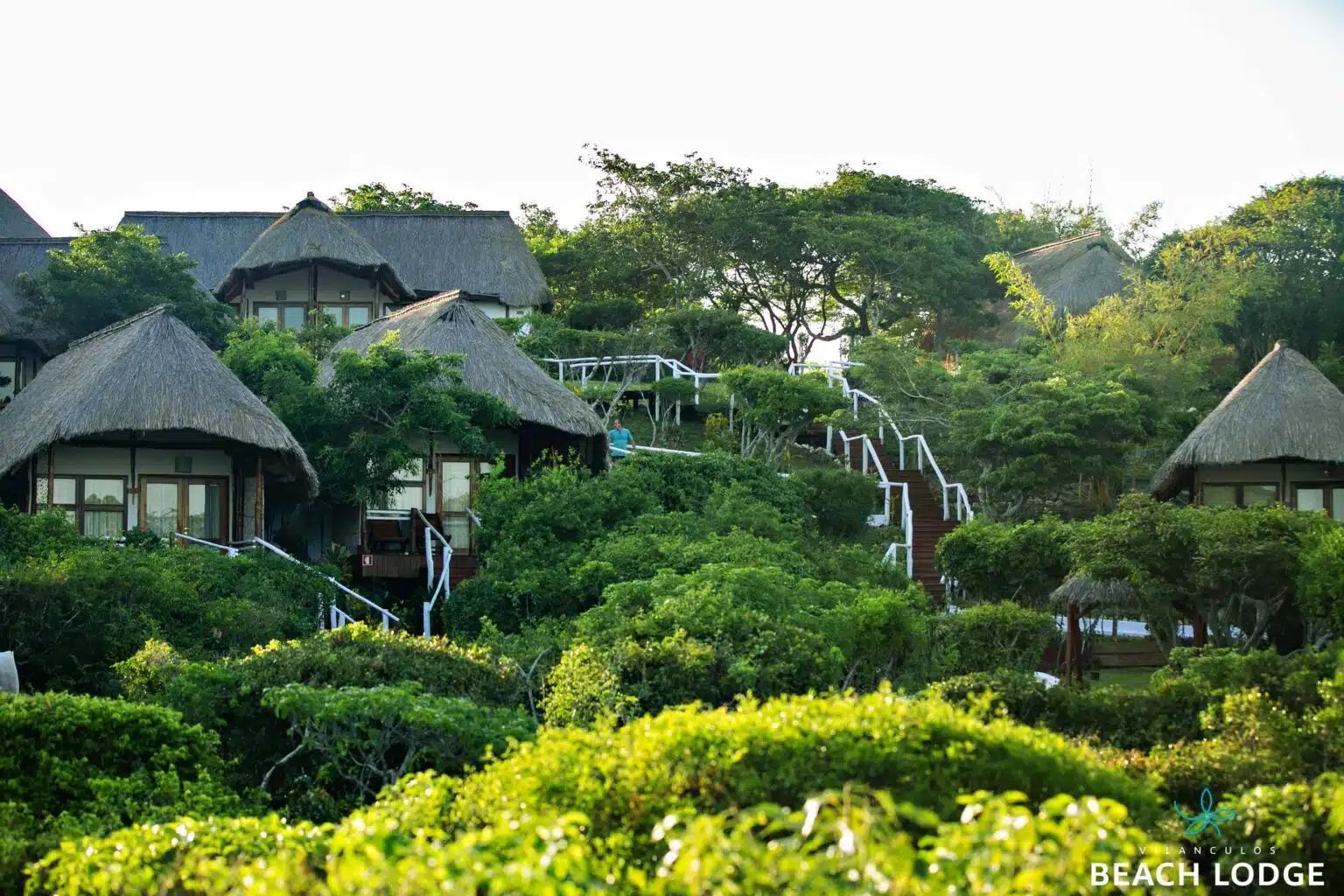 Thatched-roof cabins nestled in lush tropical greenery on a hillside under a bright sky.