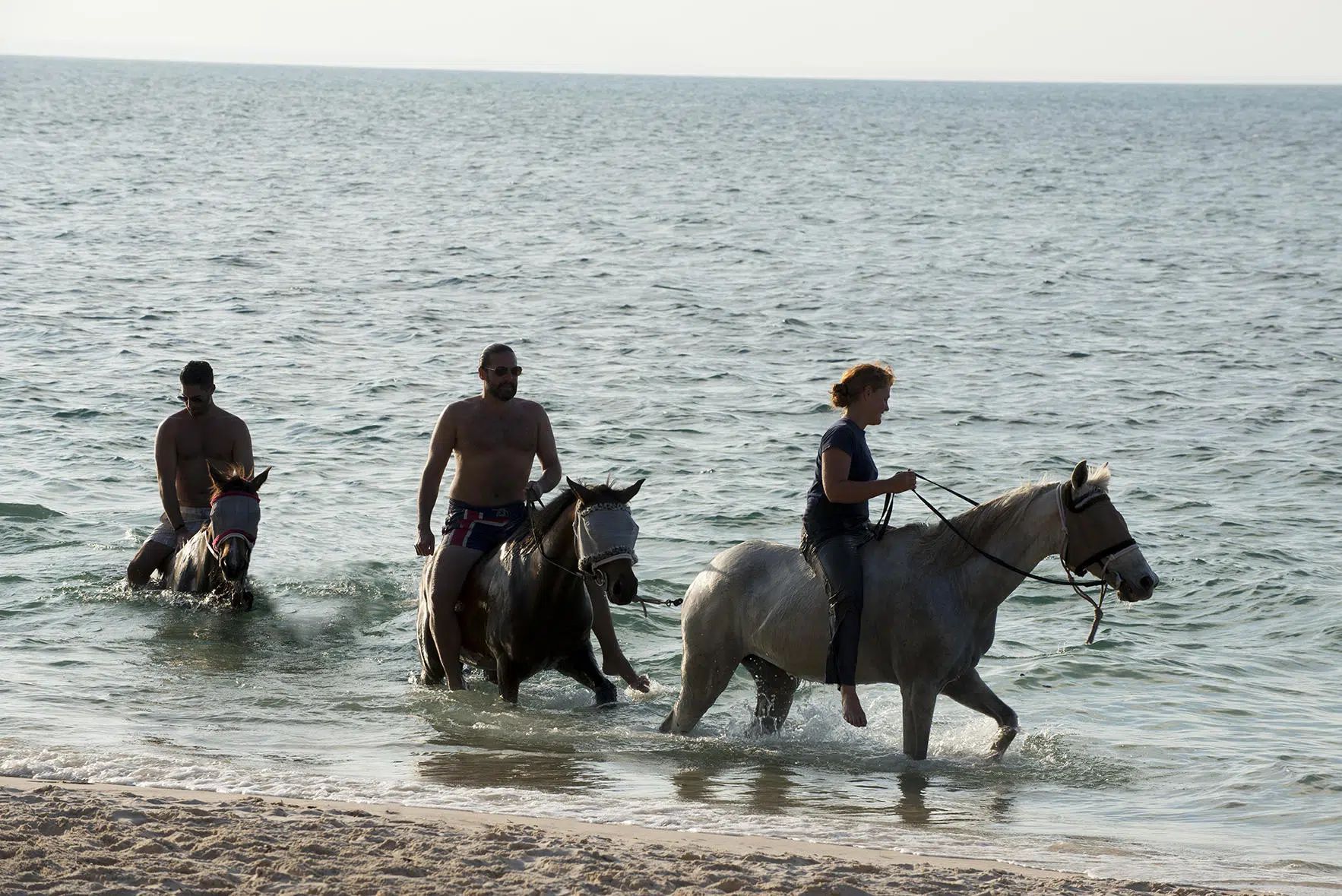 People riding horses through shallow ocean water at the beach
