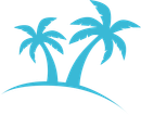 Two turquoise palm trees on a curved beach line, minimalist tropical logo