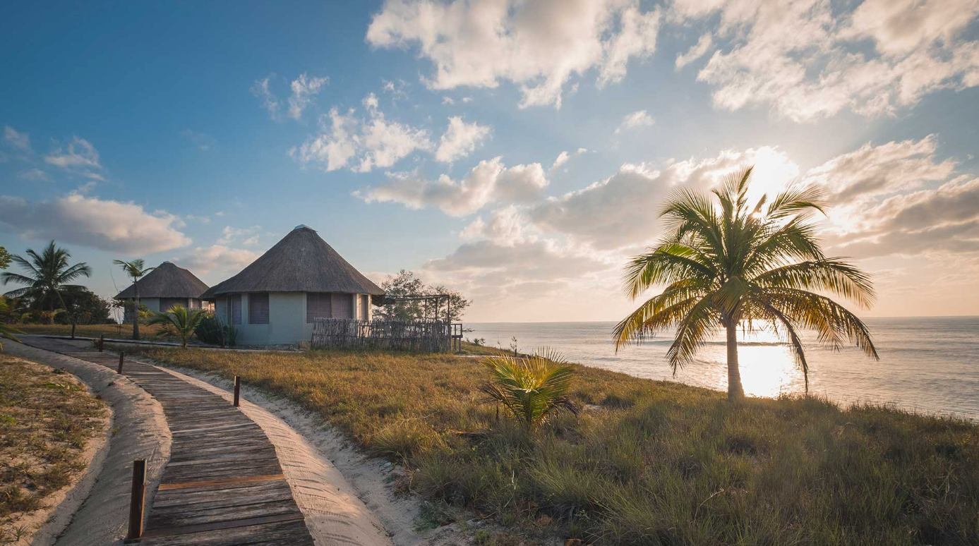 Coastal resort huts beside a winding path at sunset, with palm trees and ocean view
