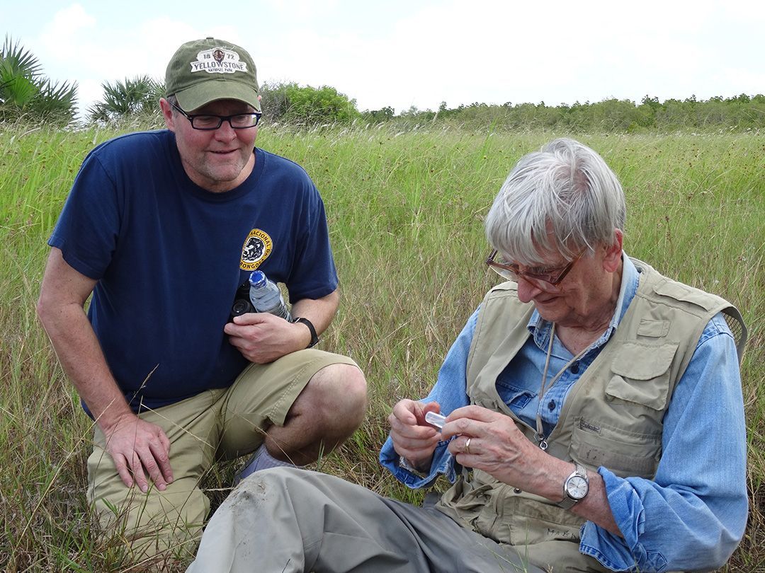 Two people kneel in tall grass, examining a small object outdoors.