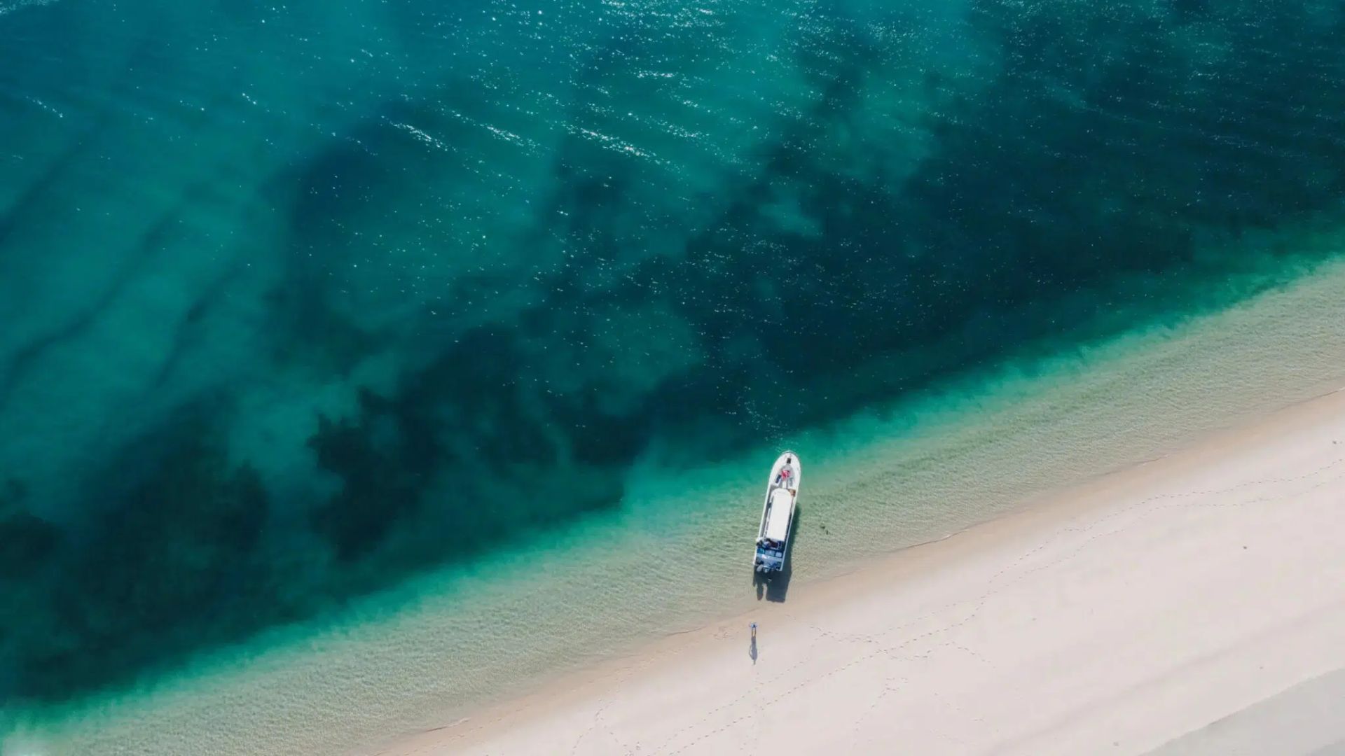 Aerial view of a lone person standing on a pale beach beside turquoise ocean water.