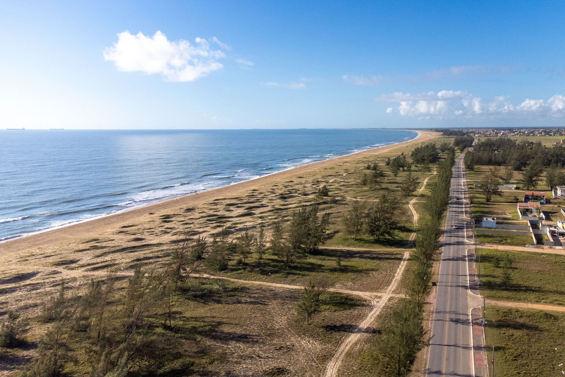 Aerial view of a beach beside a coastal road, with ocean waves and sparse trees under a blue sky