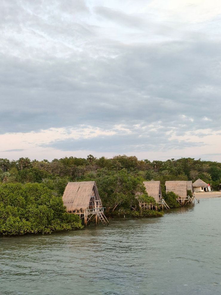 Thatched huts along a green riverside under a cloudy sky