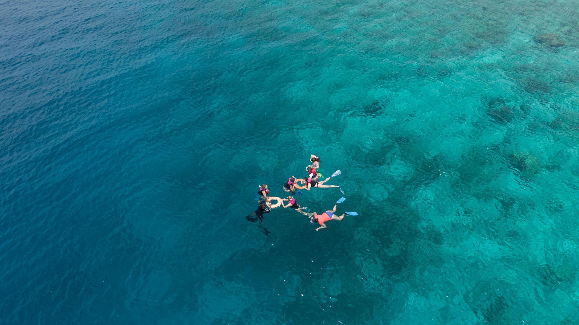 Four people floating in turquoise ocean water in a circle