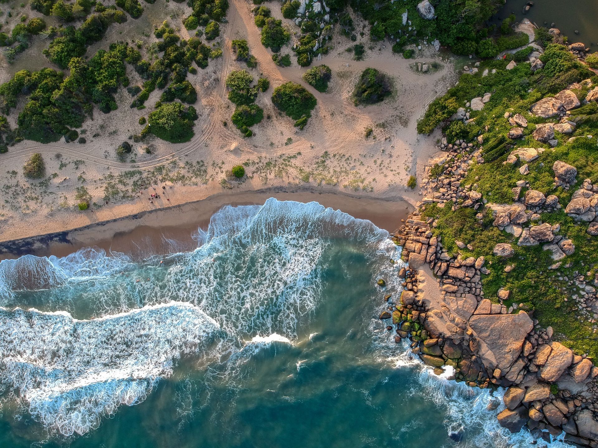 Aerial view of waves washing onto a rocky, sandy shoreline with green vegetation nearby
