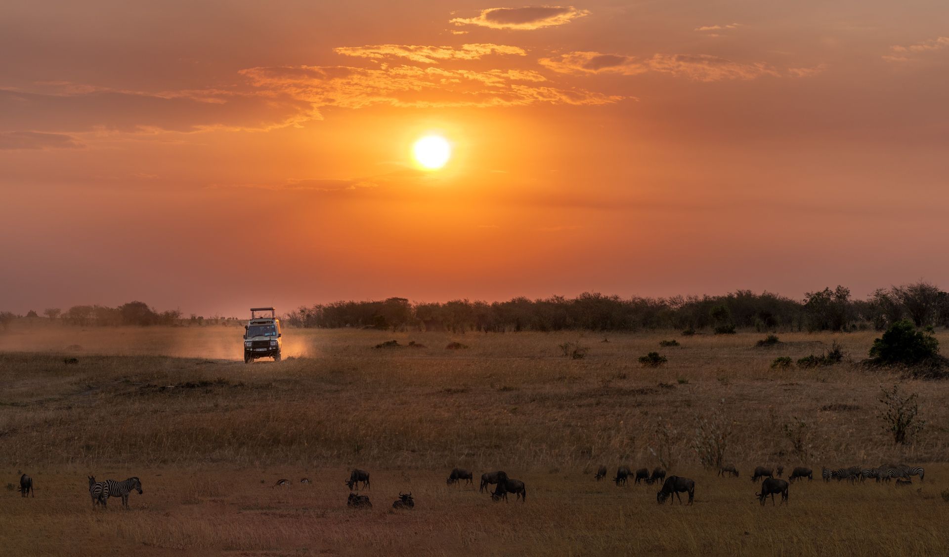 Sunset over a dry savanna with a safari vehicle driving across the plain under an orange sky