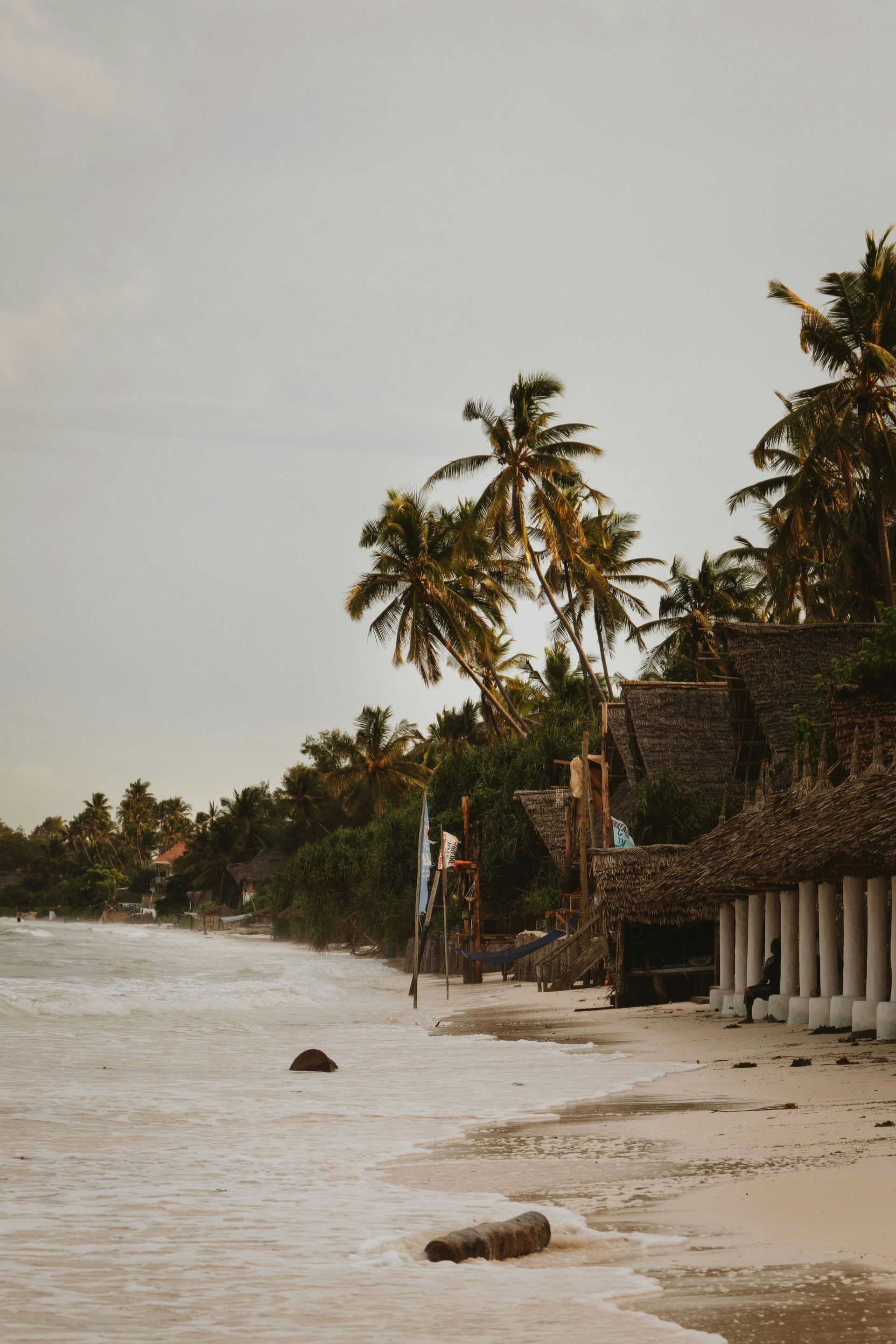 Quiet tropical beach with palm trees, sandy shore, and small huts along the waterline