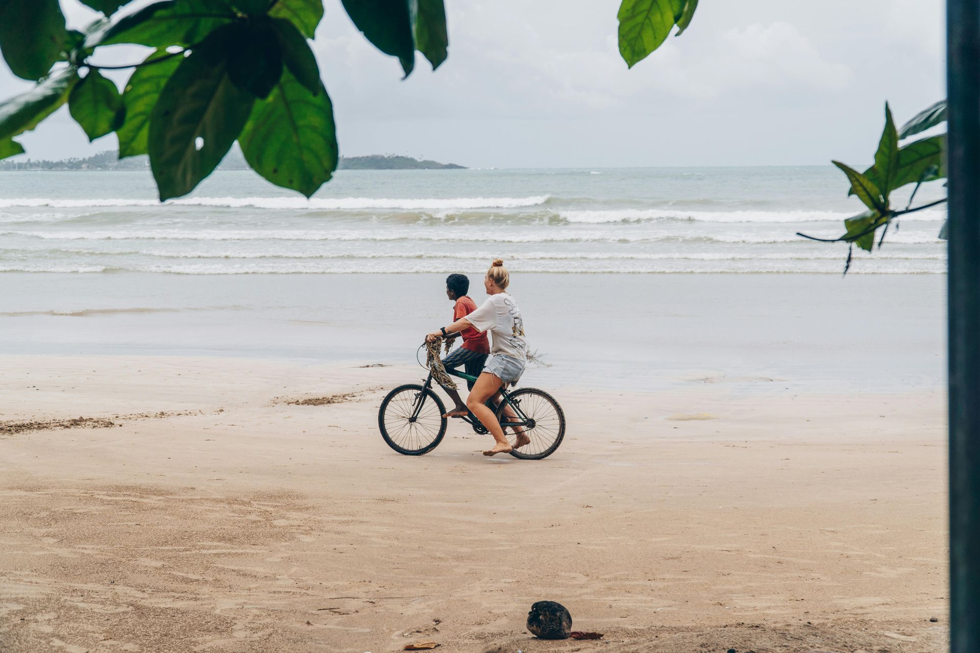 Two people ride a bicycle along a sandy beach by the ocean, framed by leaves overhead.