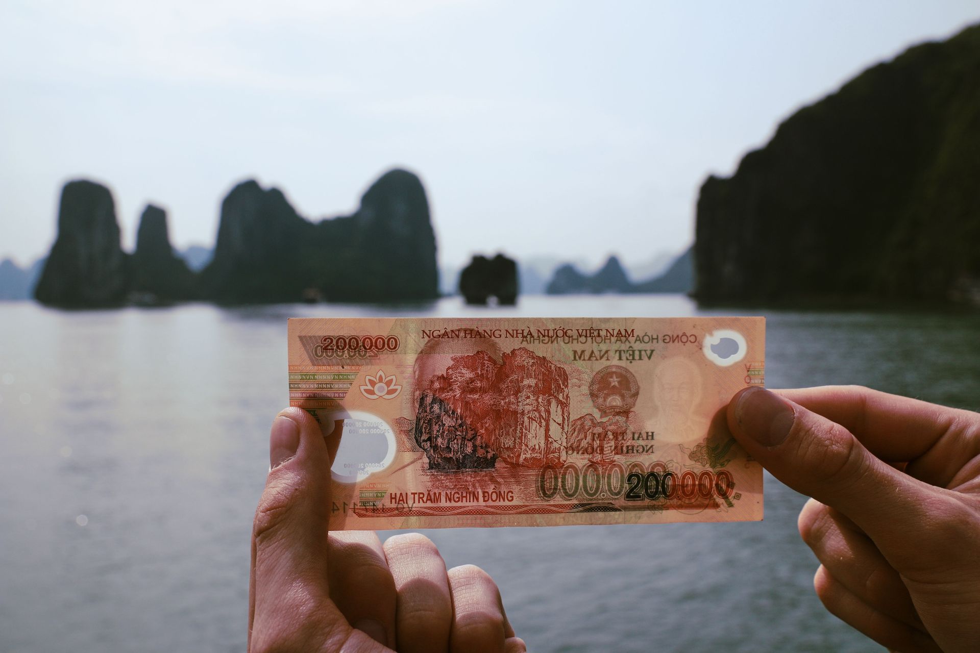 Hands holding a banknote in front of a scenic bay with limestone cliffs and calm water