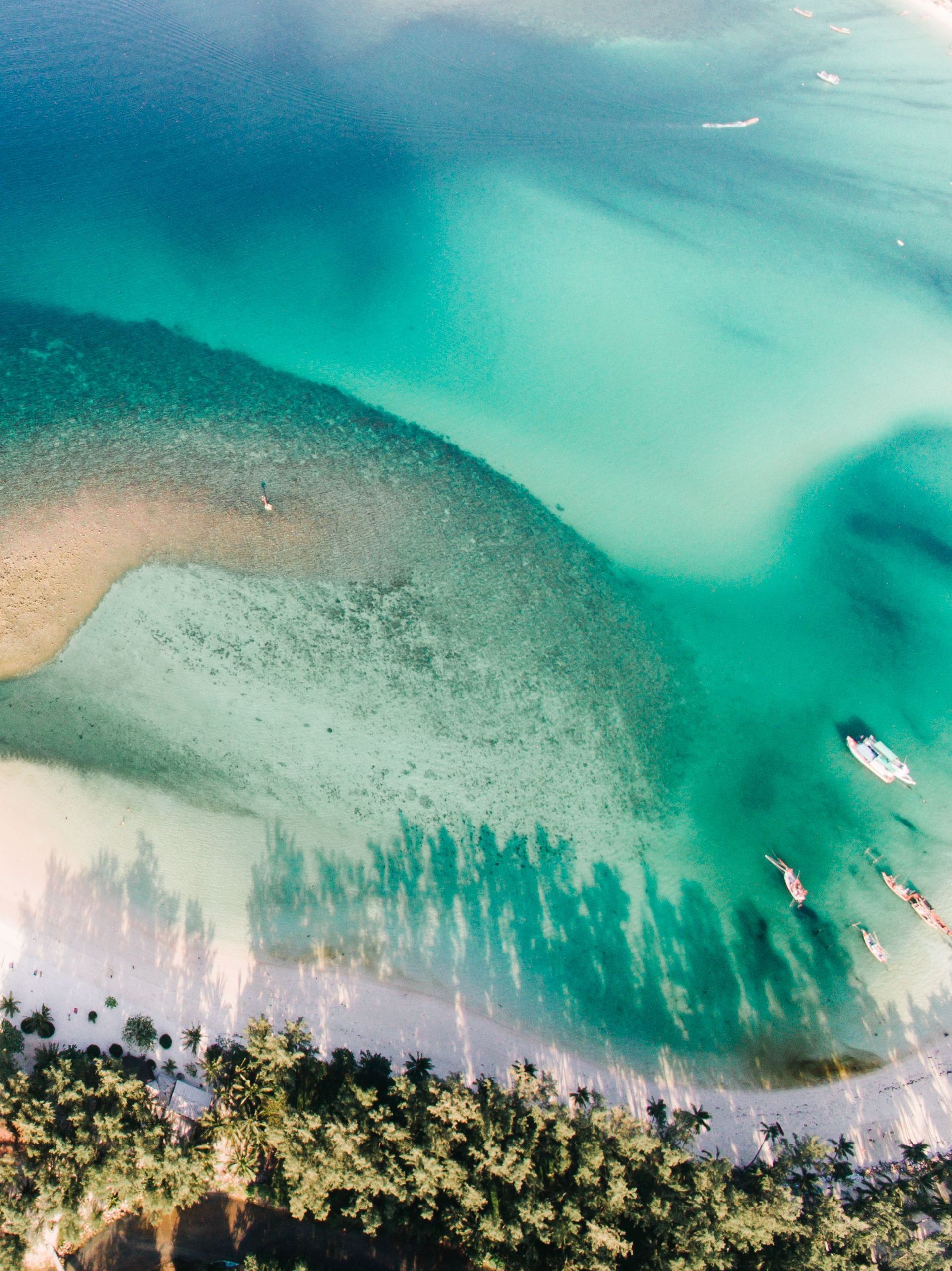 Aerial view of turquoise water, sandy shore, and dense green trees with a small boat nearby