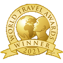 Gold World Travel Awards 2021 winner emblem with globe and laurel wreaths
