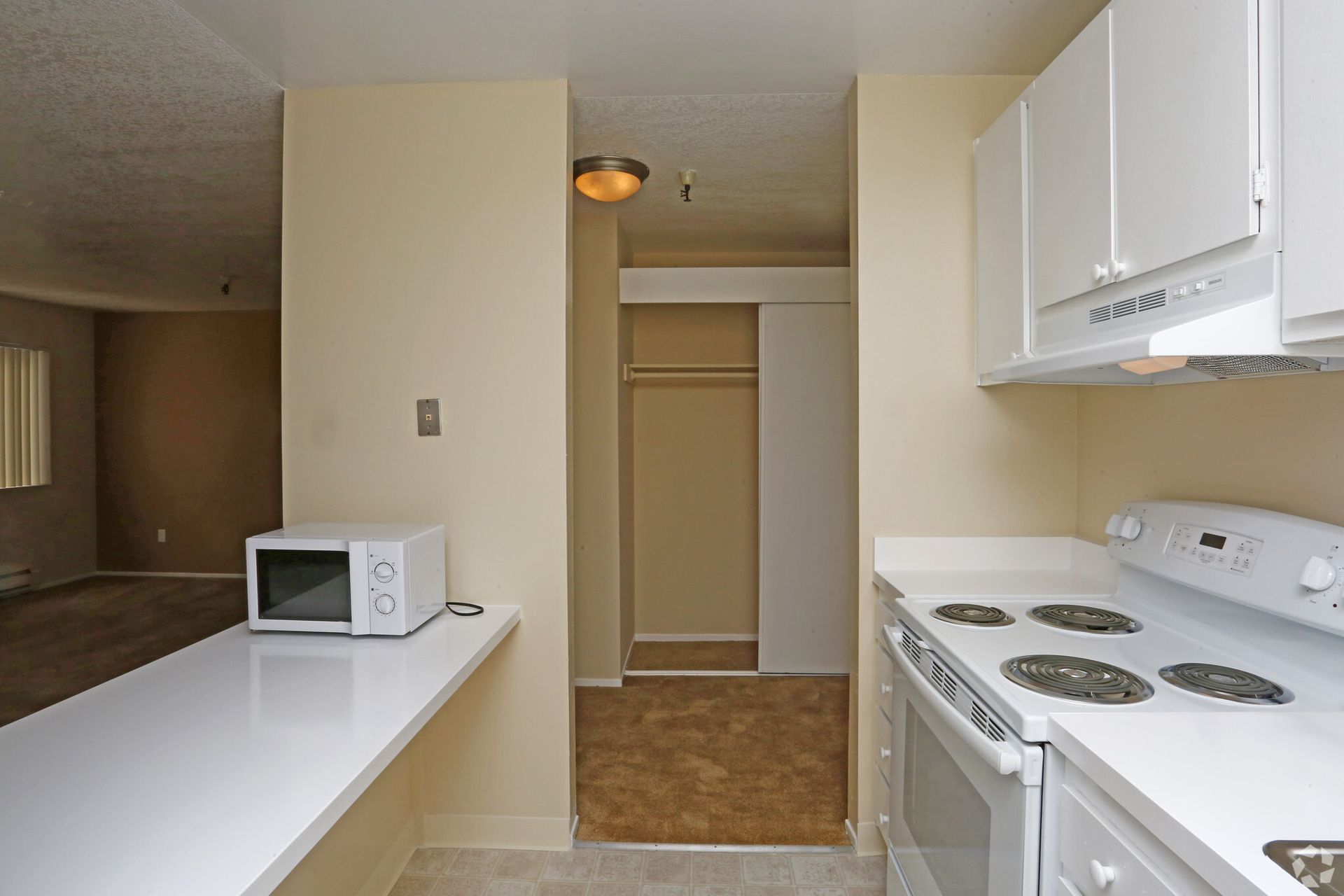 A kitchen with a stove top oven and a microwave