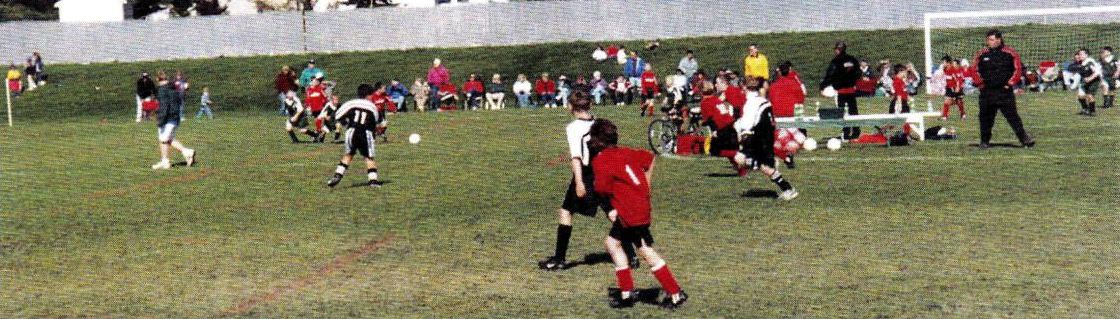 A group of children are playing soccer on a field.