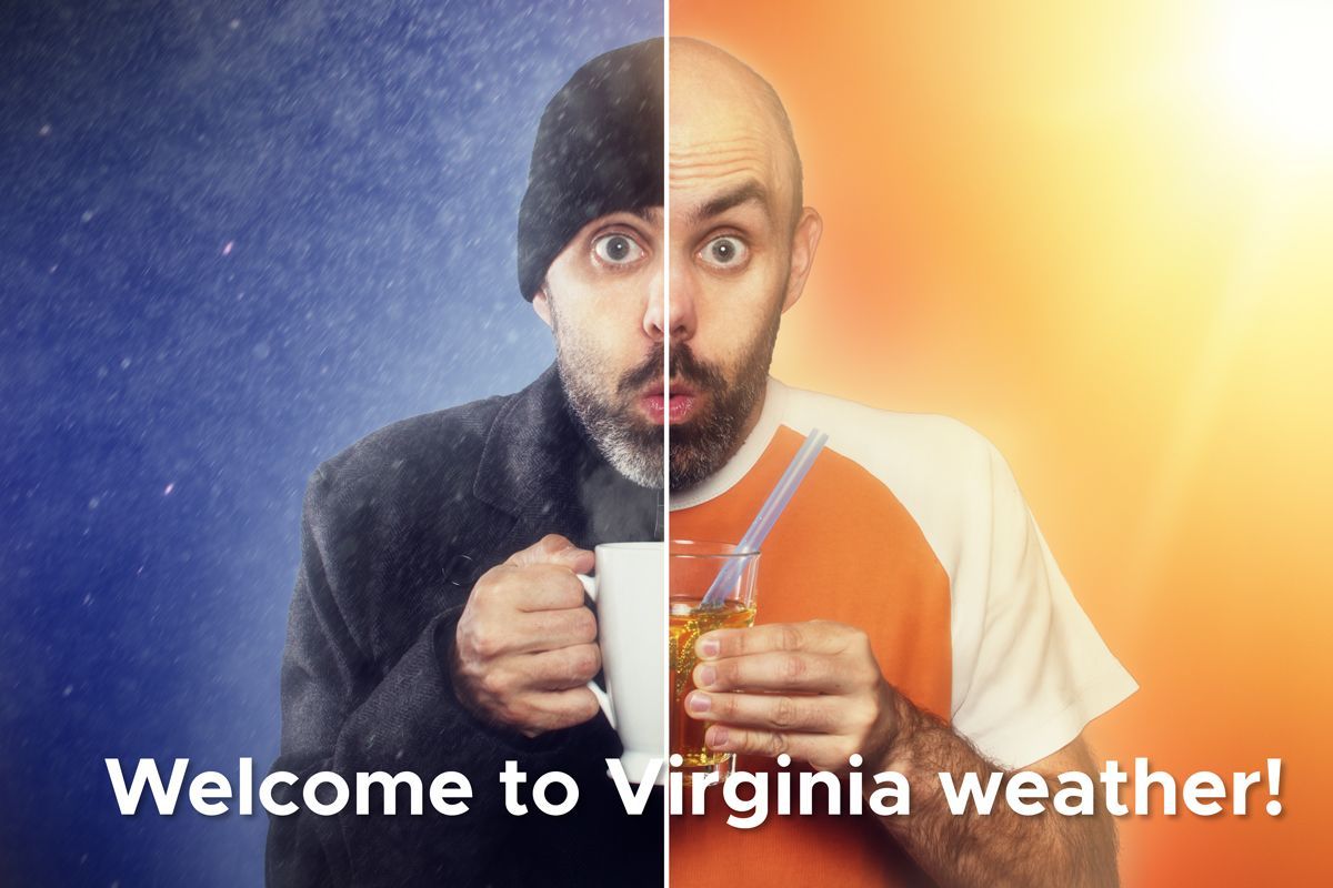 A man is holding a cup of coffee in front of a sign that says welcome to virginia weather
