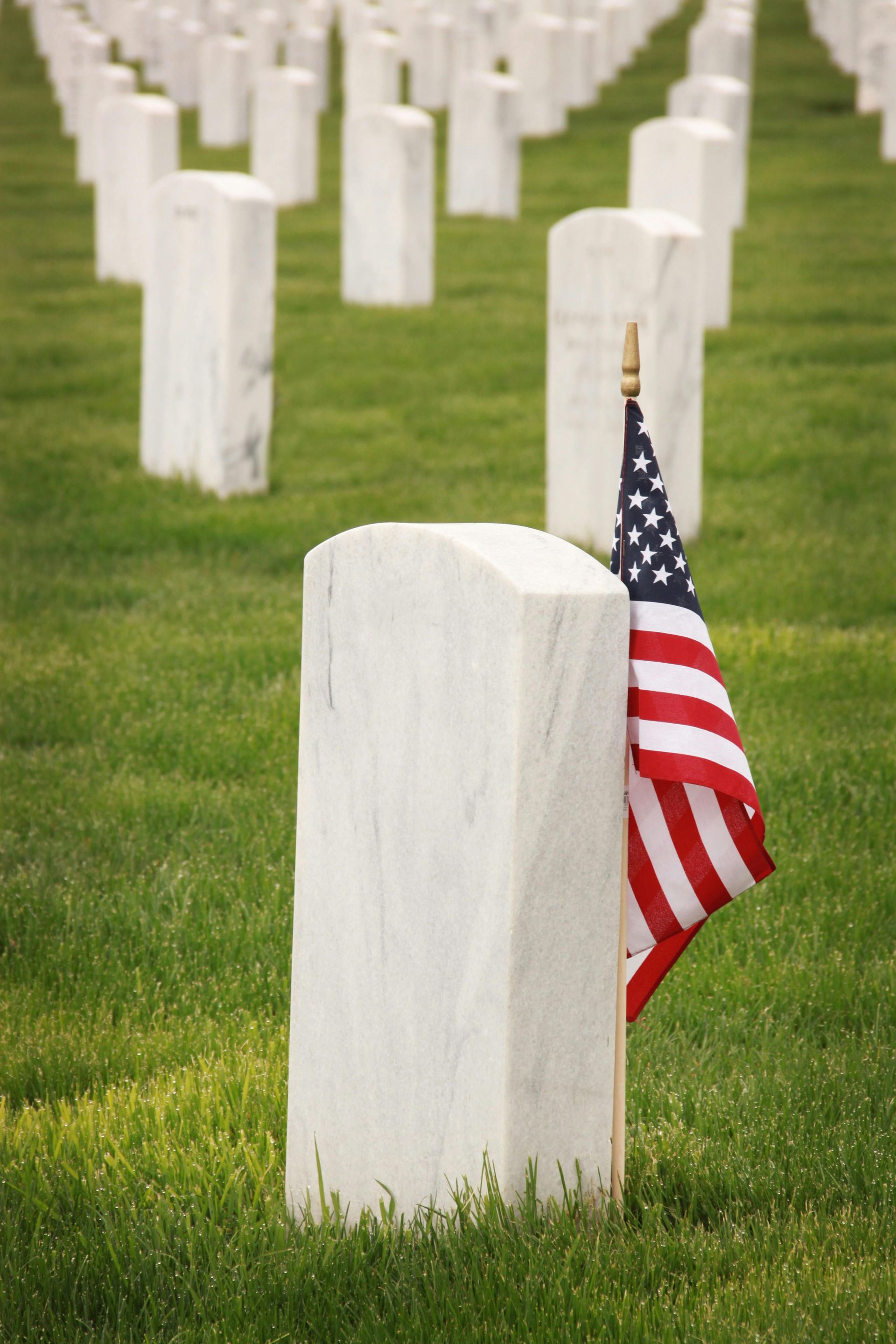 Rows of white headstones in a green field, with an American flag next to one.