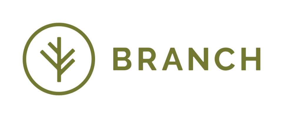 BRANCH logo with olive green circular tree icon and the word BRANCH in matching letters