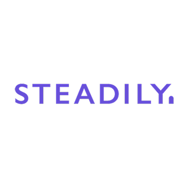 Purple “STEADILY.” text on a white background
