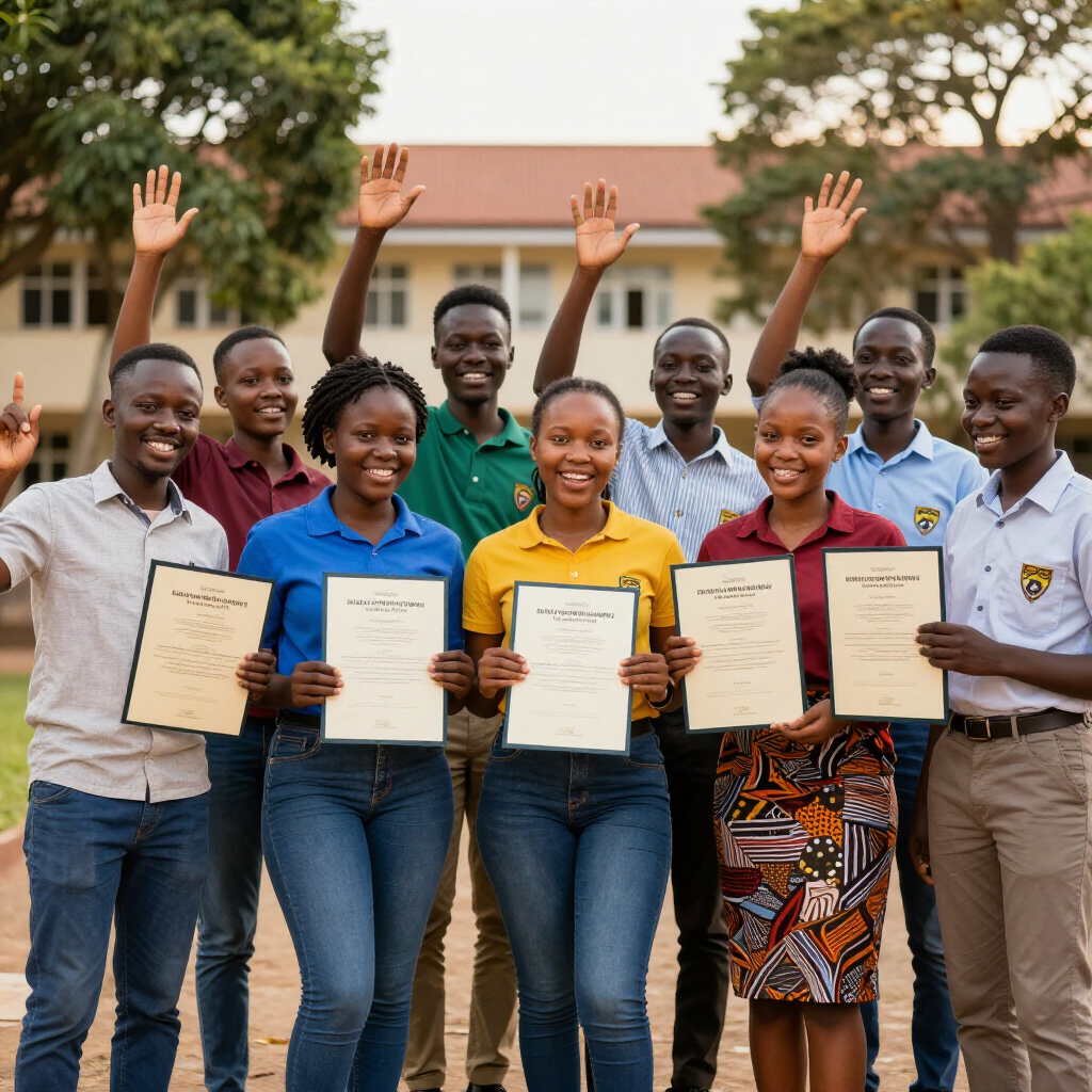“Harare students holding diplomas outdoors, celebrating academic success and study abroad with Prestige Scholar