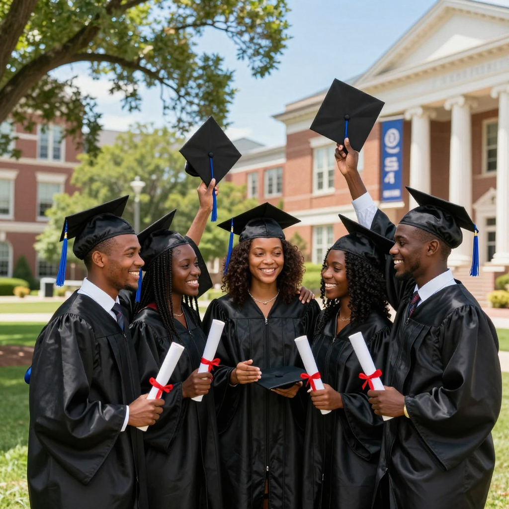 Mutare graduates in caps and gowns holding diplomas, celebrating academic success and study abroad with Prestige Scholar.