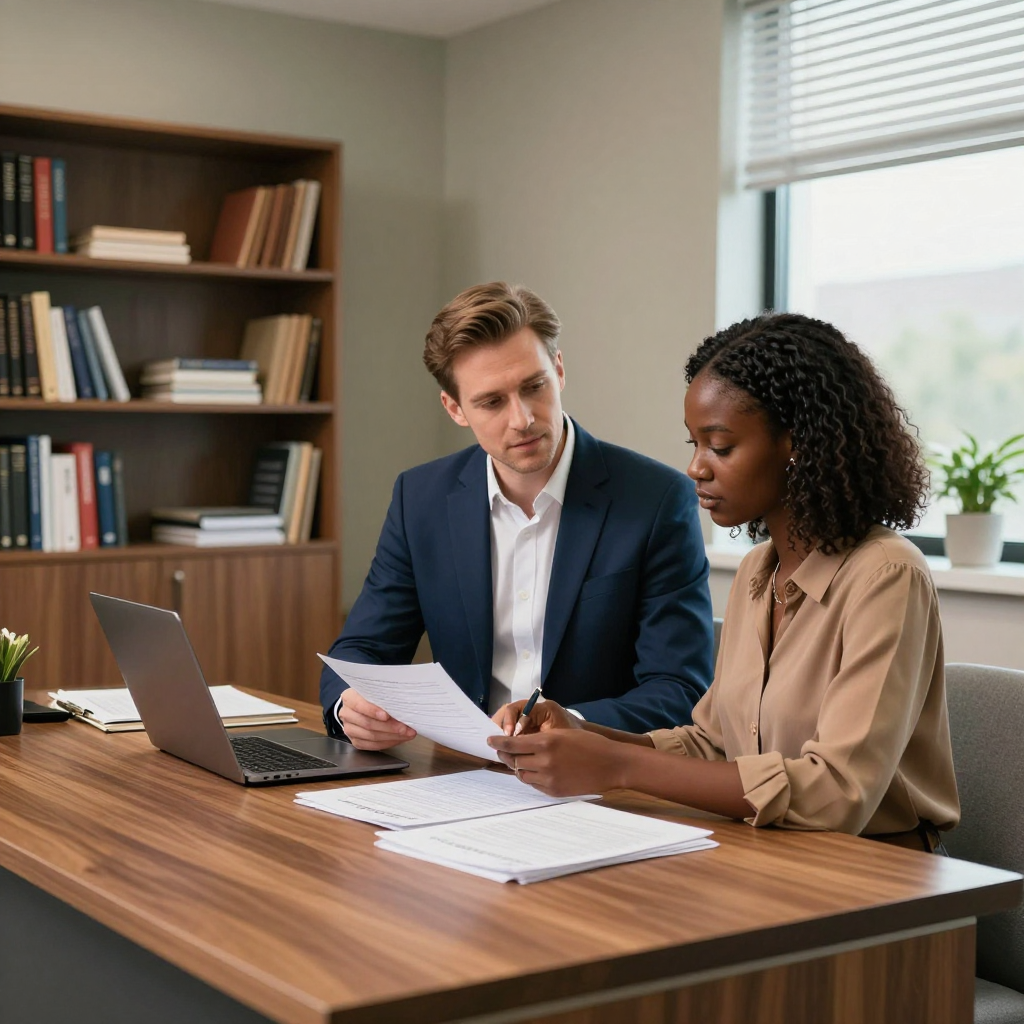 Two professionals sit at a desk, reviewing documents and working on a laptop in an office with bookshelves.