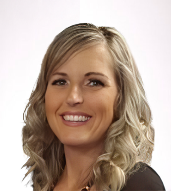 A woman with blonde hair is smiling and wearing a black shirt