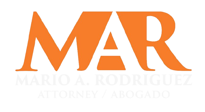 Orange “MAR” logo with faint text “Mario A. Rodriguez Attorney y Abogado” underneath