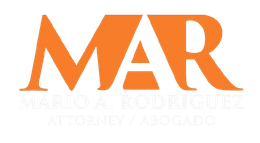 Orange “MAR” logo with faint text “Mario A. Rodriguez Attorney y Abogado” underneath